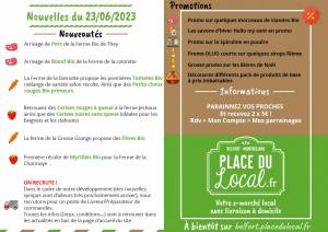 Nouvelles du 23/06/2023 - Premières Tomates Bio, Boeuf Bio, Porc Bio, Myrtilles, Cerises, Fèves...